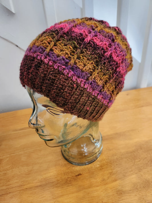Bright fall colors with vivid pink hat