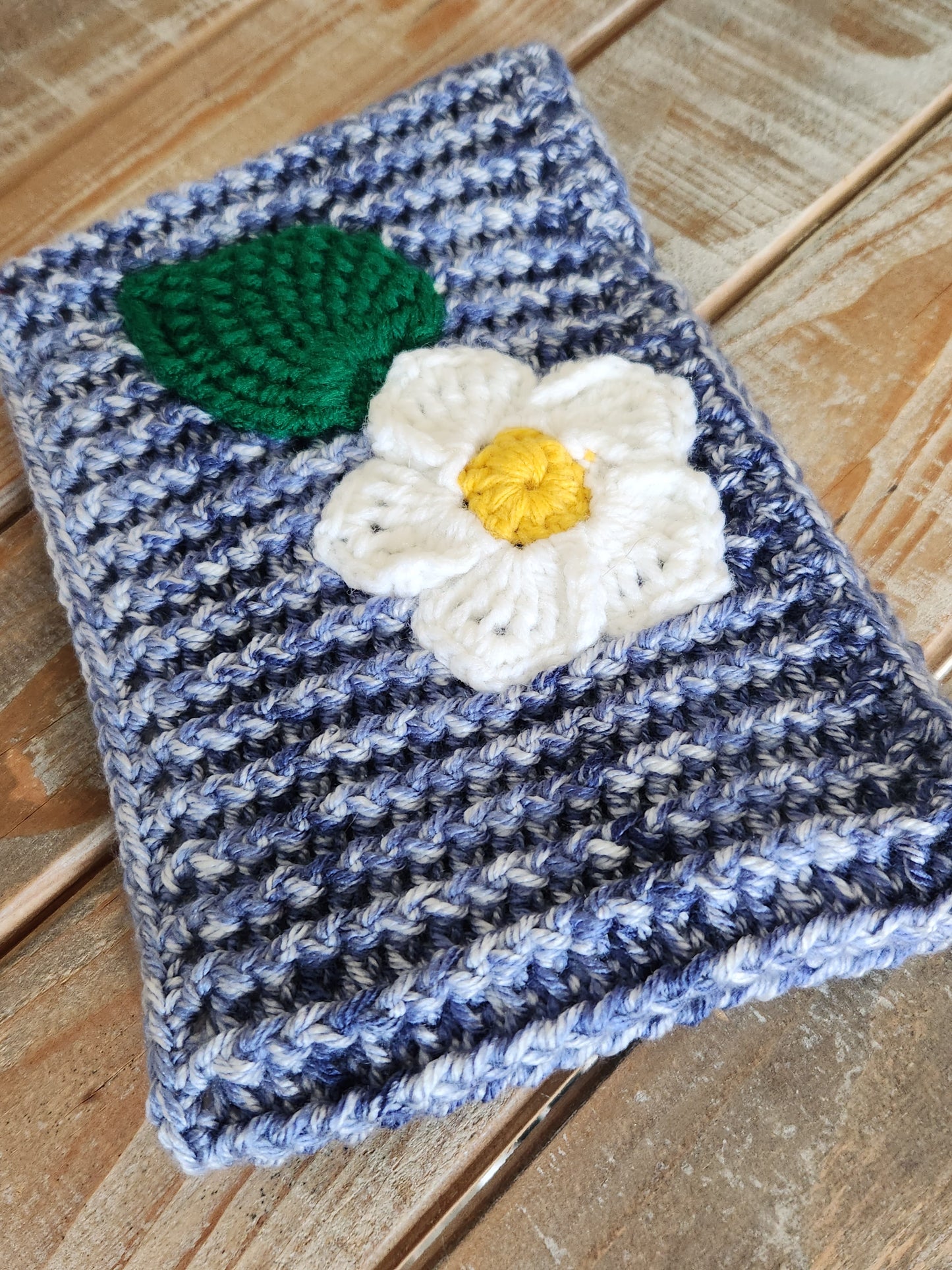 Wide Blue Headwrap - Flower and Green Leaf