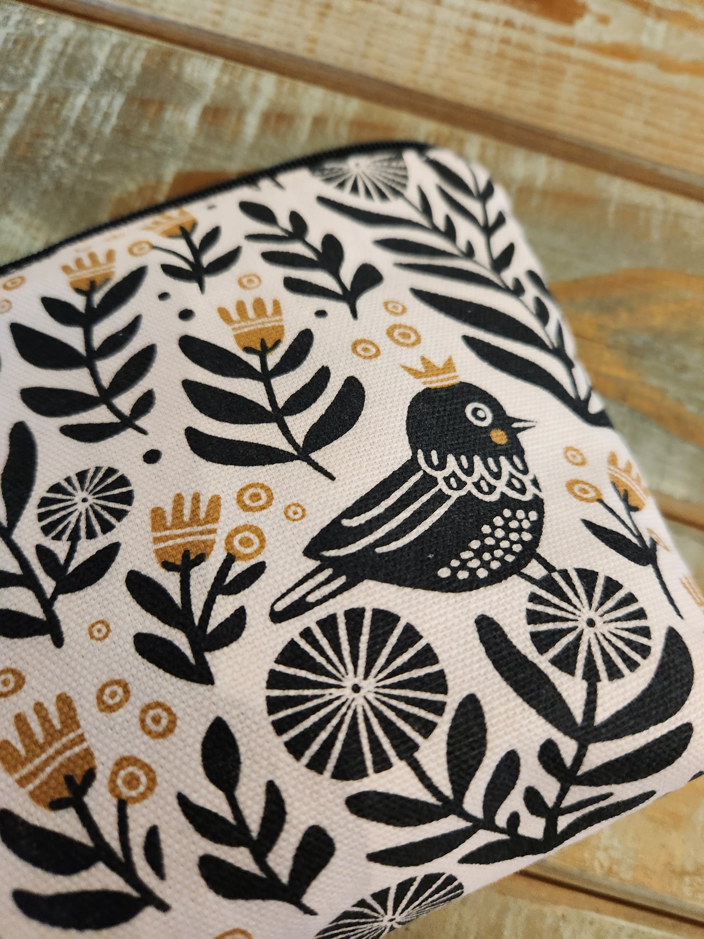 Pink, black and gold bird theme zipper pouch