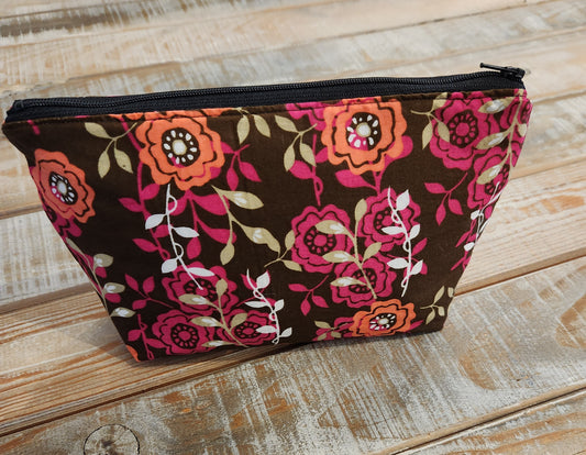 Brown and pink floral zipper pouch