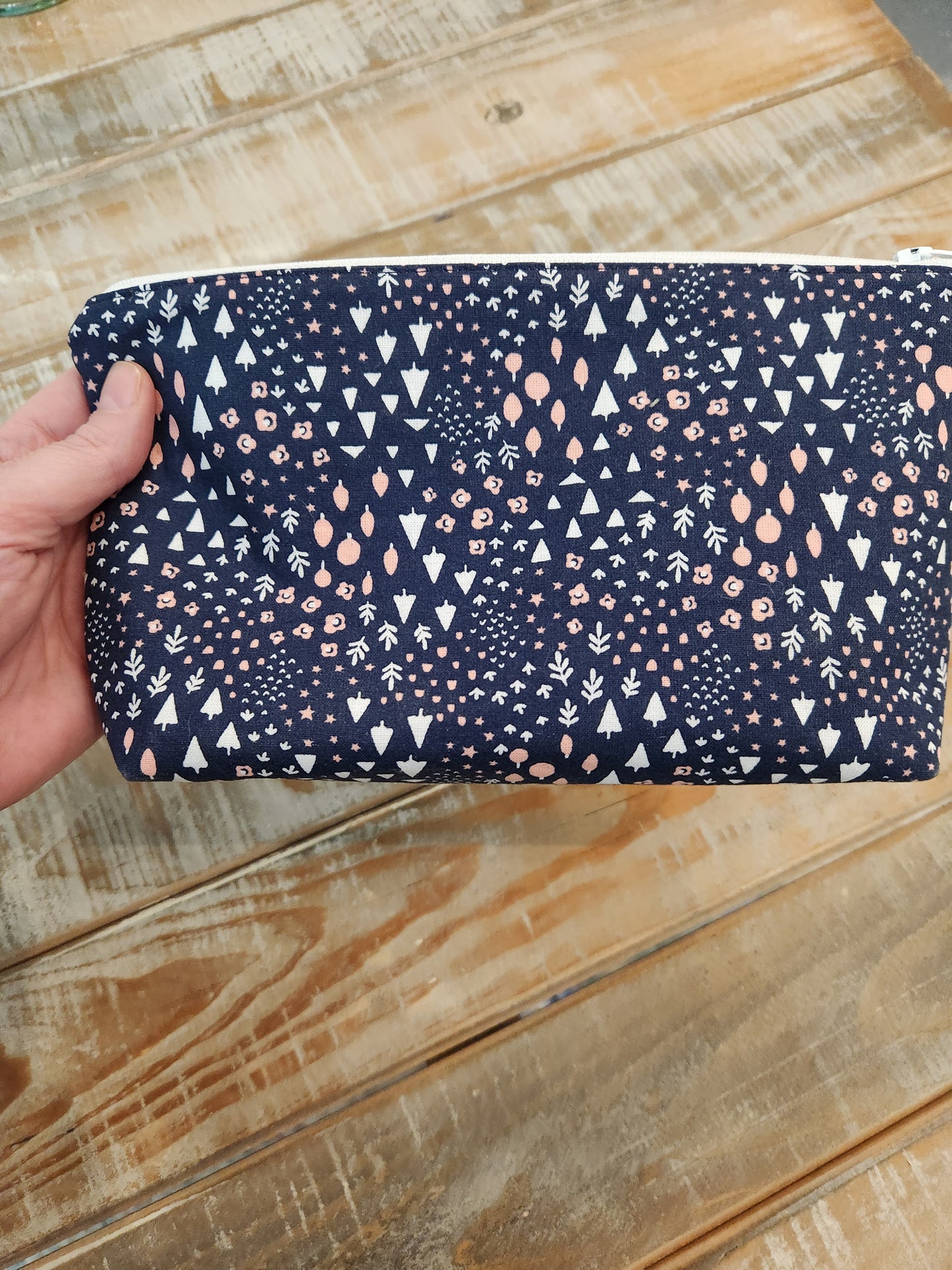 Navy blue zipper pouch with tiny trees