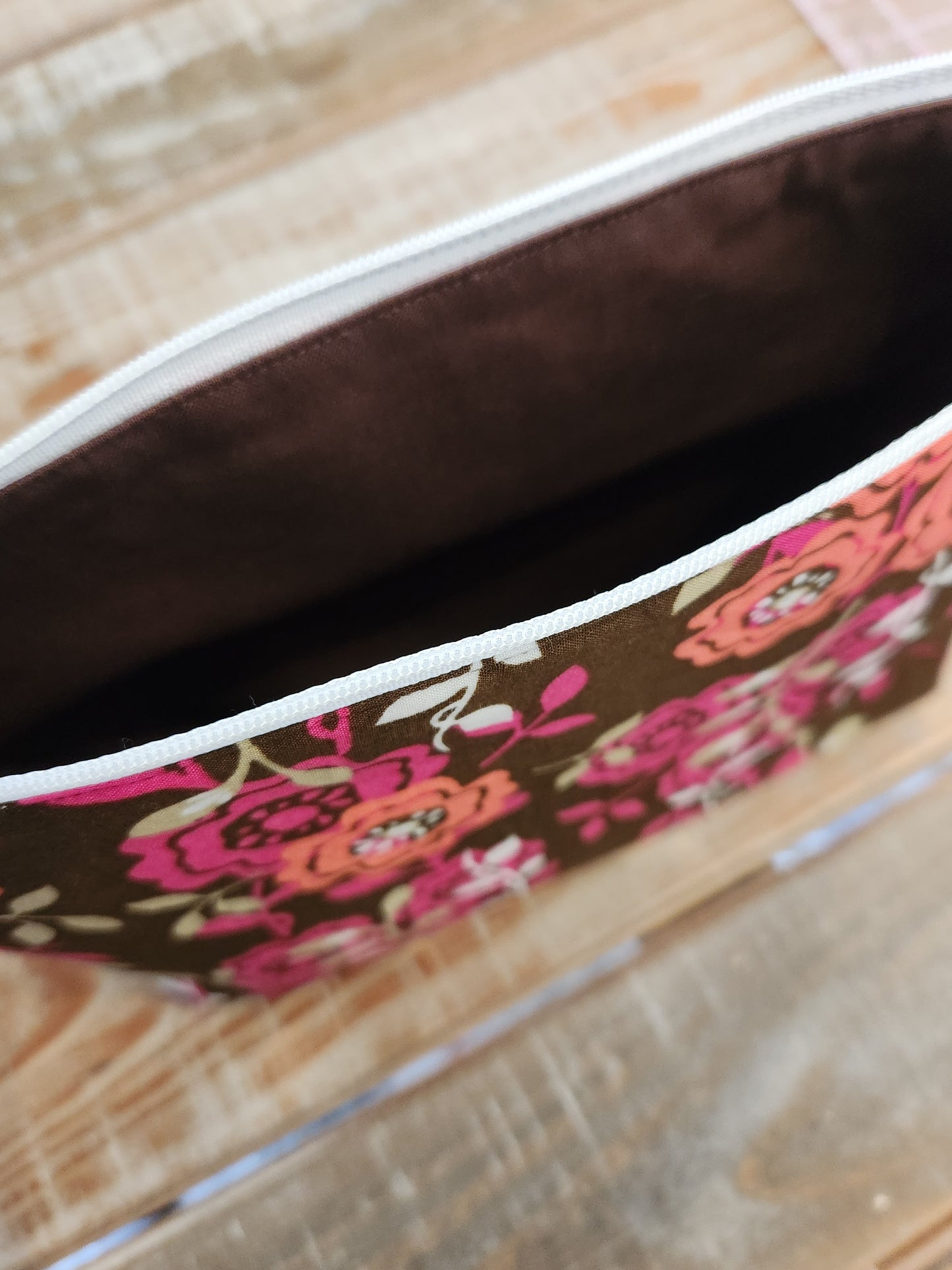 Chocolate brown with hot pink flowers zipper pouch