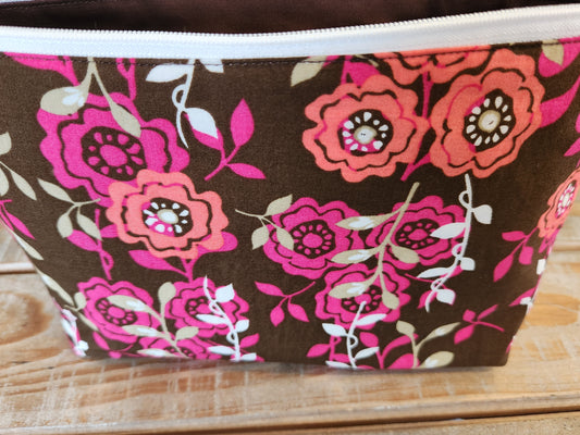 Chocolate brown with hot pink flowers zipper pouch