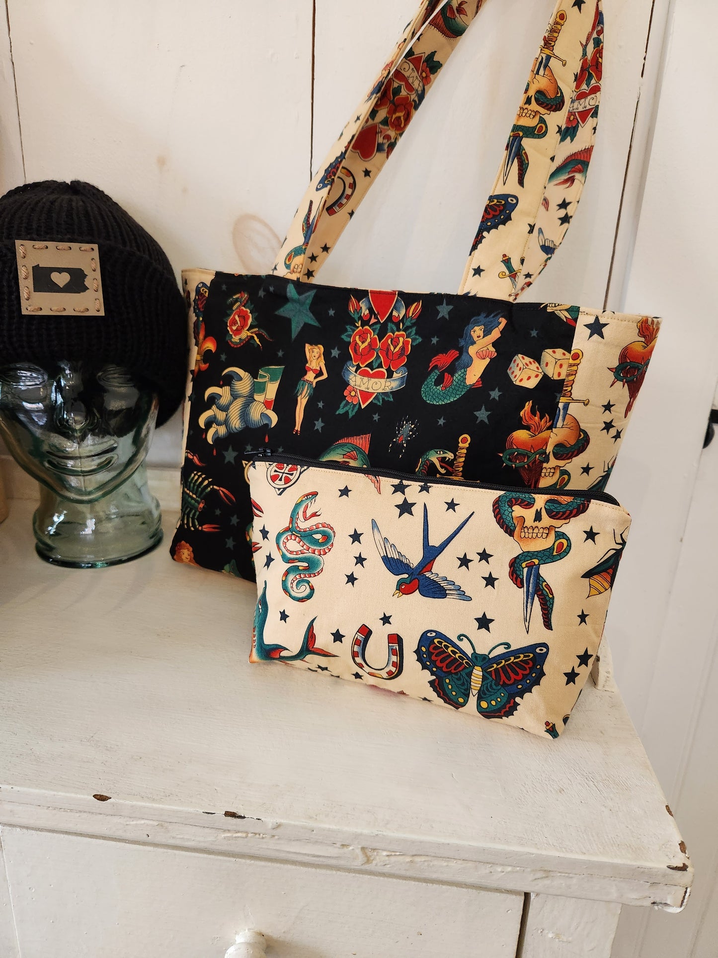 The wide tote - reversible vintage tattoos