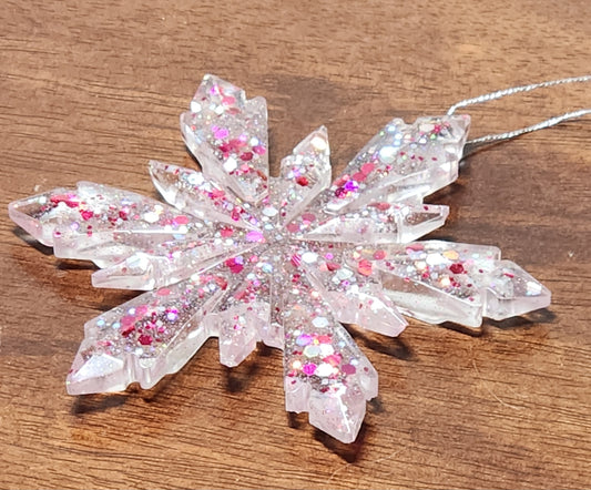 Resin ornament - snowflake - cranberry sparkles