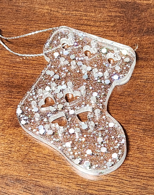 Resin ornament -  silver glitter Christmas Stocking