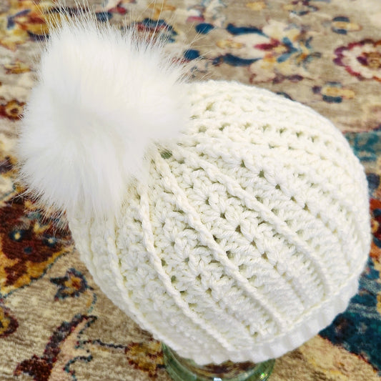Winter white faux fur pom pom hat