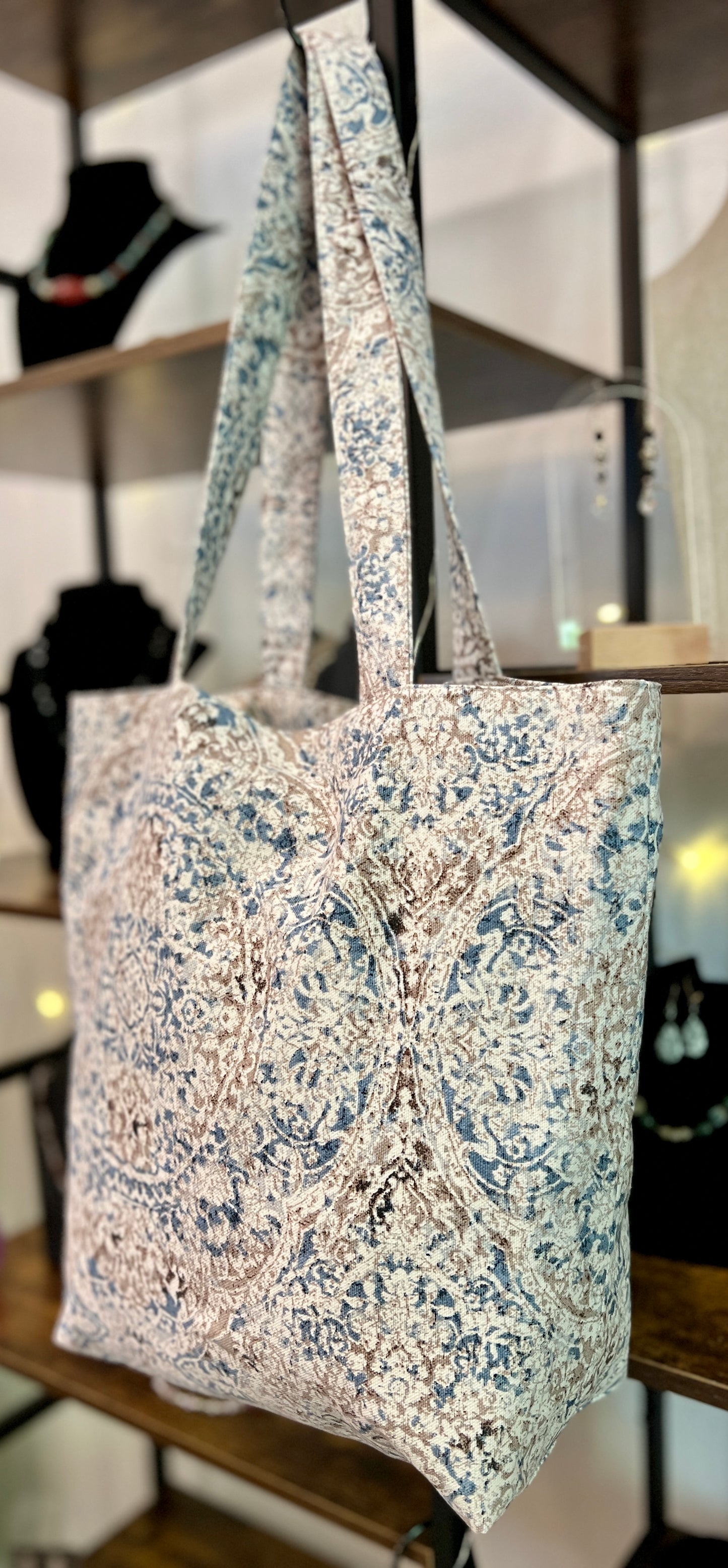 Tote bag Boho pattern blue white natural