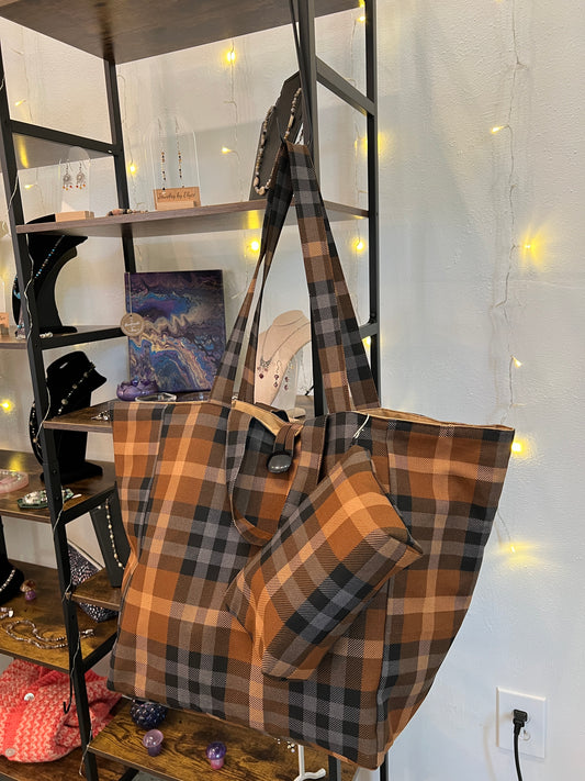 The Everything Tote! Brown Plaid w/Zipper Pouch