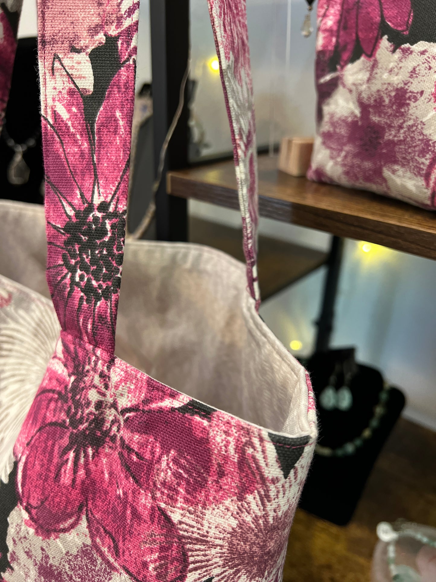 Magenta flowers tote bag with matching zipper pouch