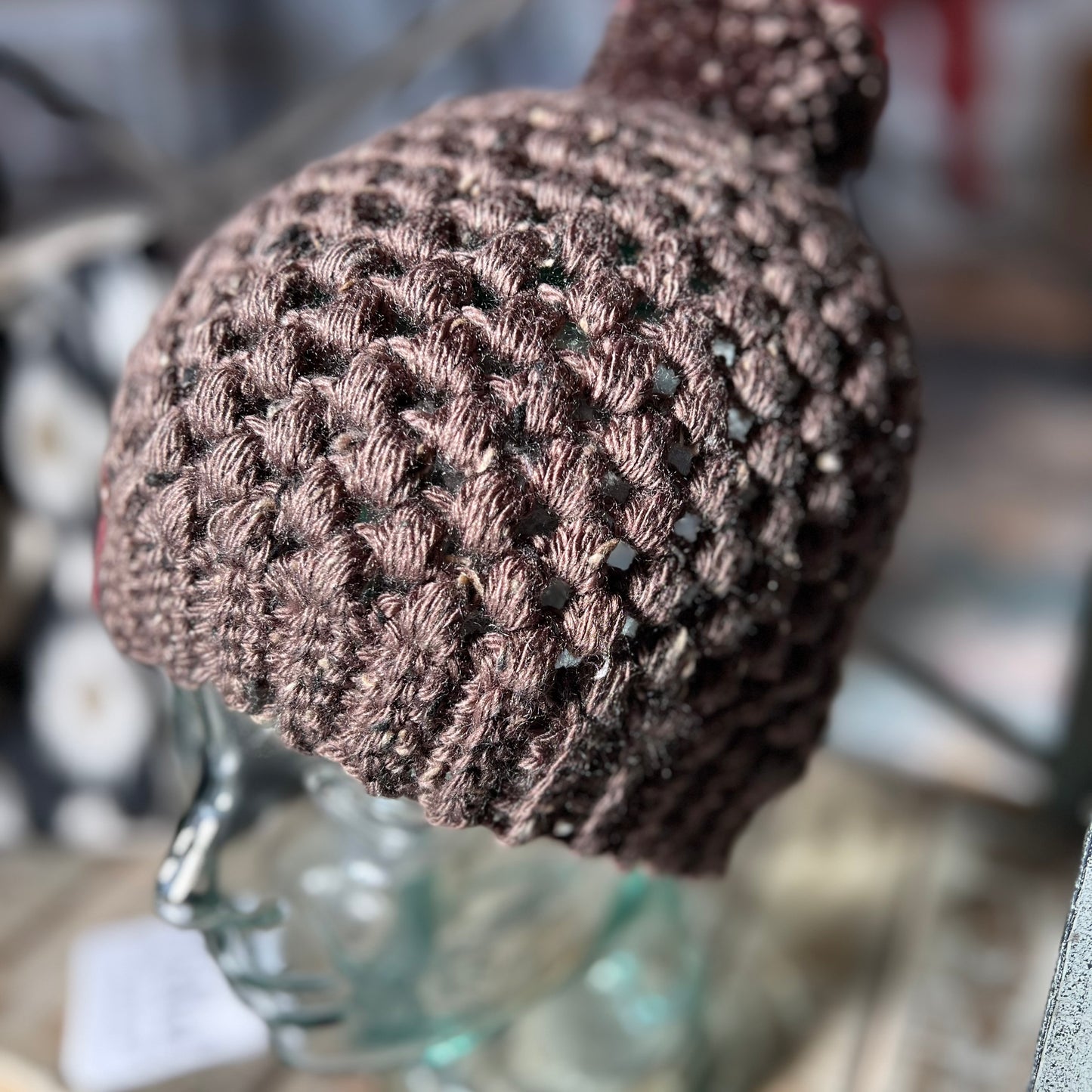 Brown flecks pom pom beanie