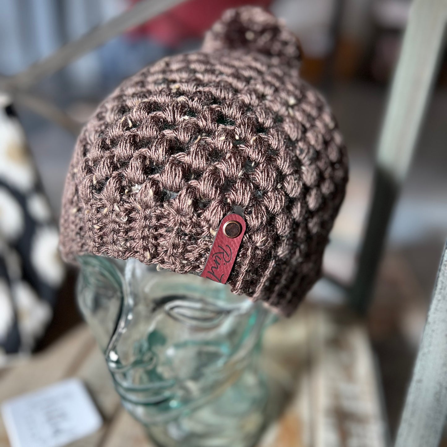 Brown flecks pom pom beanie