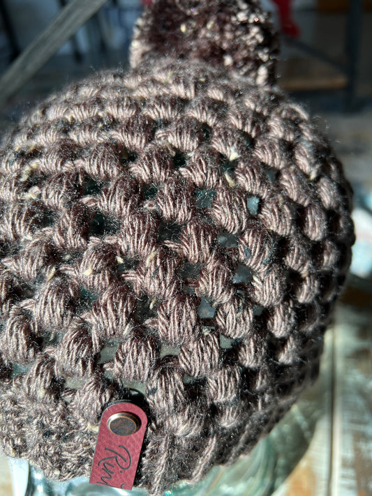 Brown flecks pom pom beanie