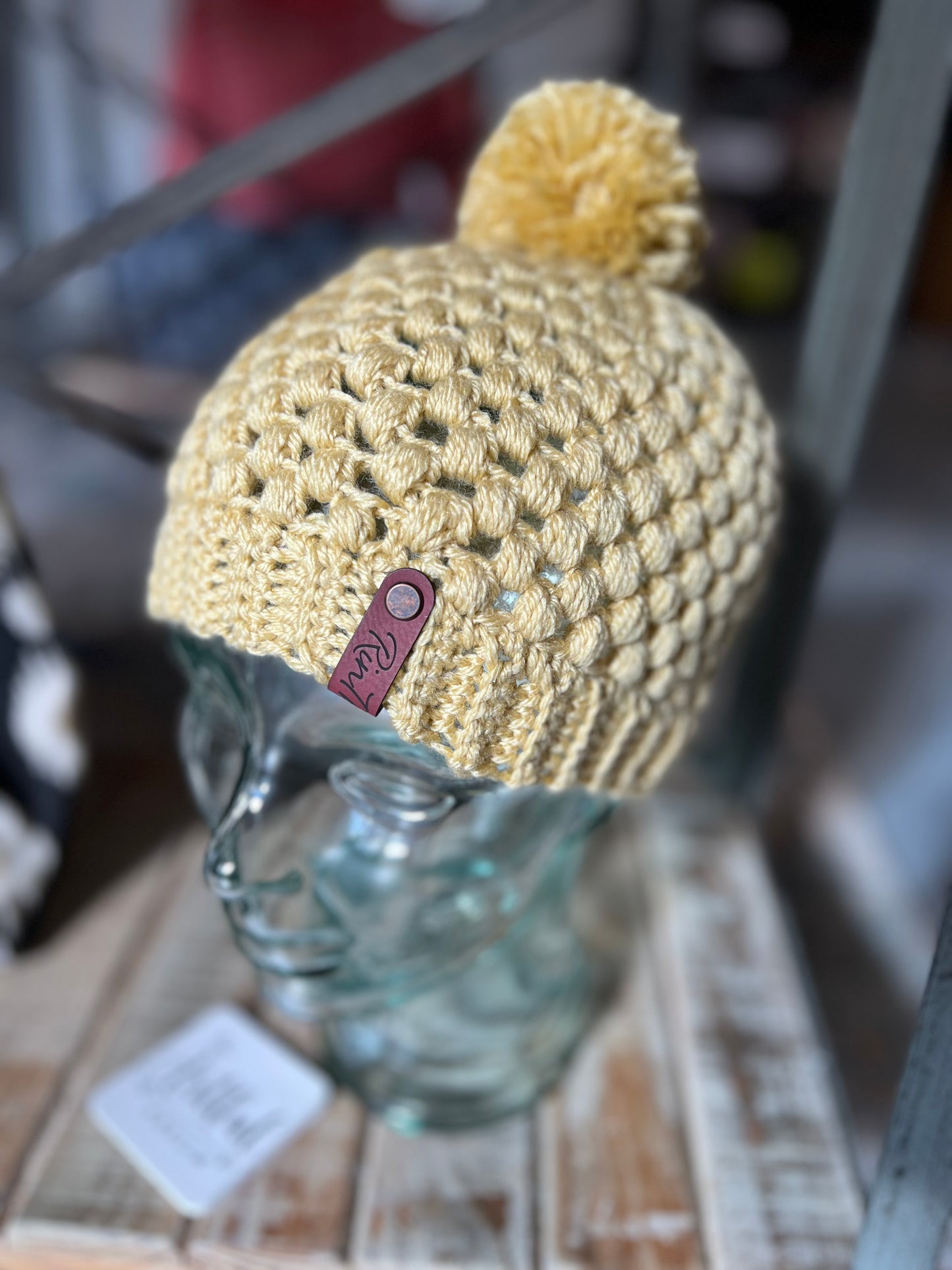 Golden wheat yellow pom pom beanie