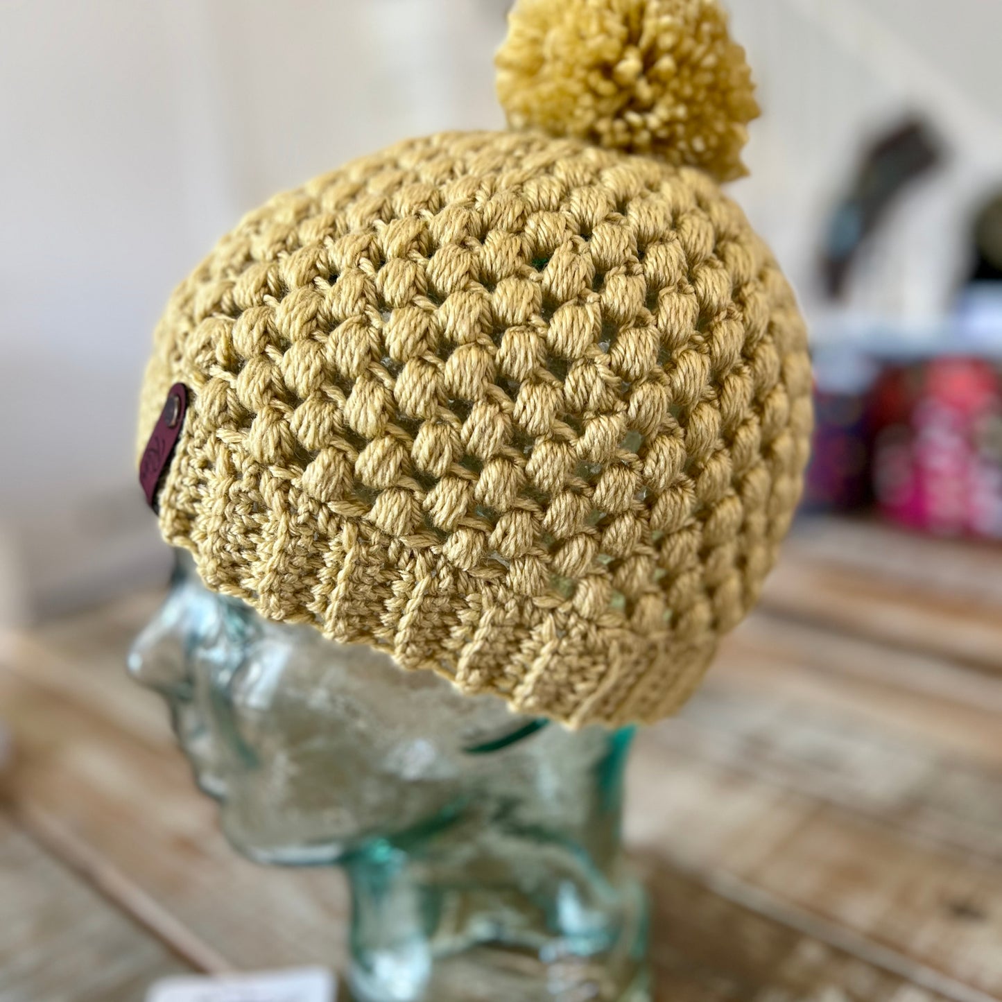 Golden wheat yellow pom pom beanie