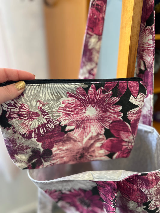 Magenta -large floral print tote and pouch set