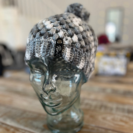 Grey & White pom pom beanie