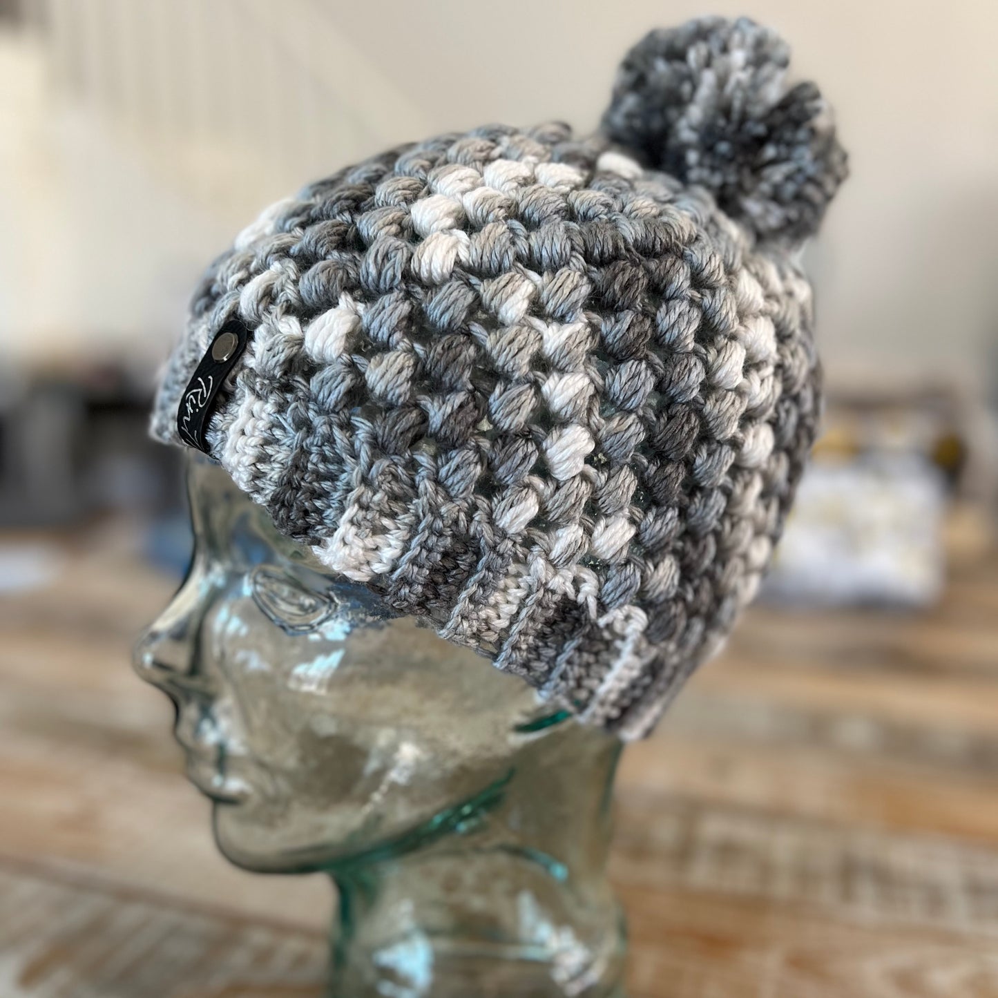 Grey & White pom pom beanie