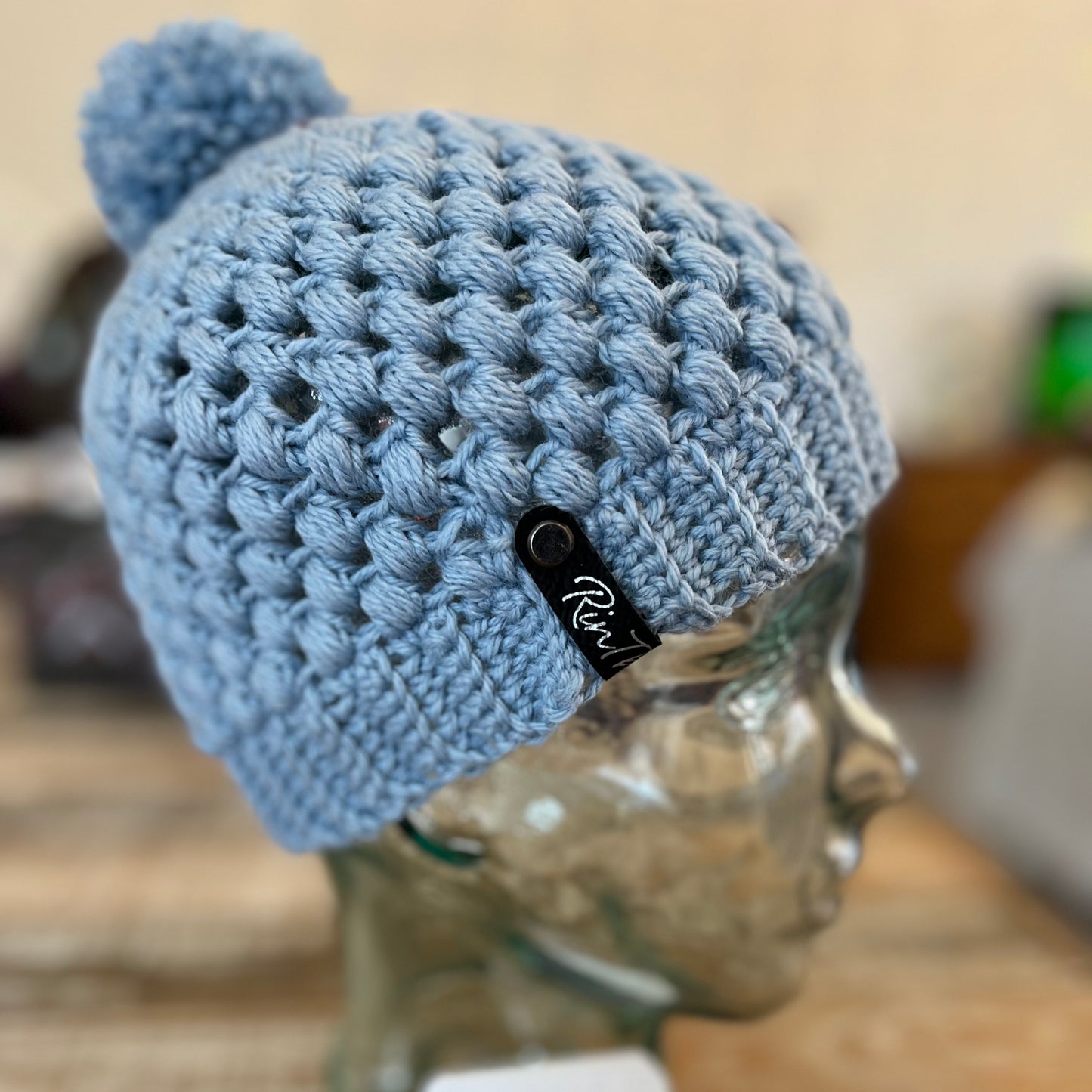Powder blue pom pom beanie