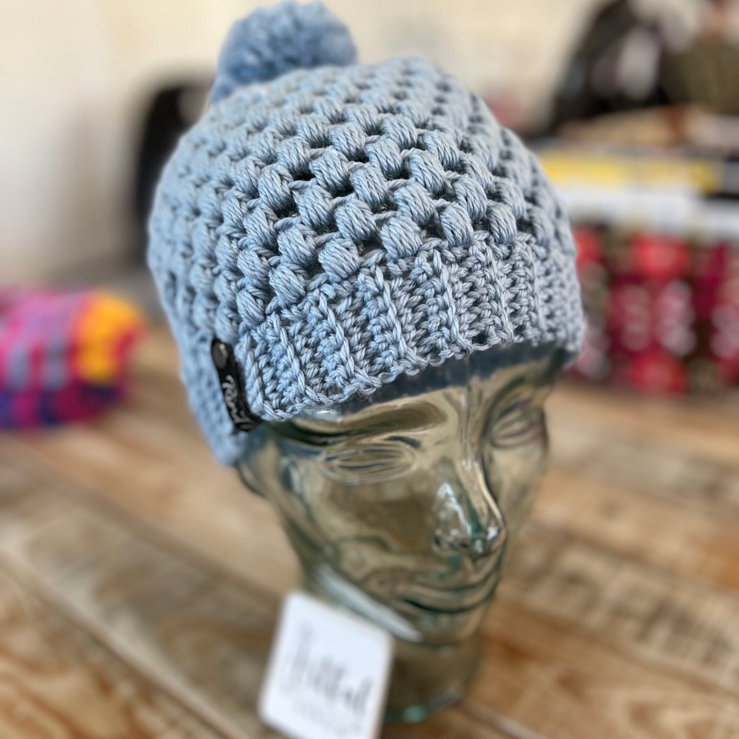 Powder blue pom pom beanie
