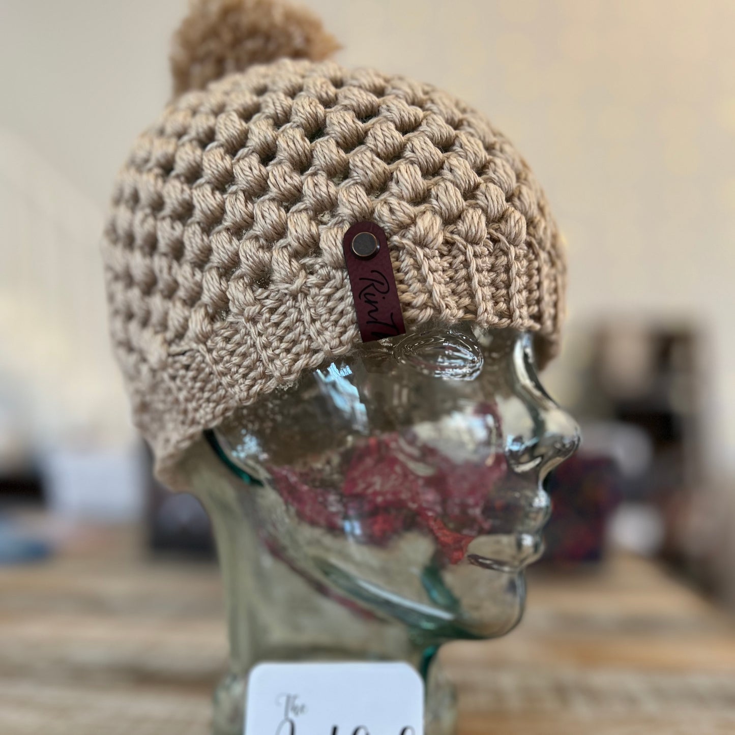Natural color pom pom beanie