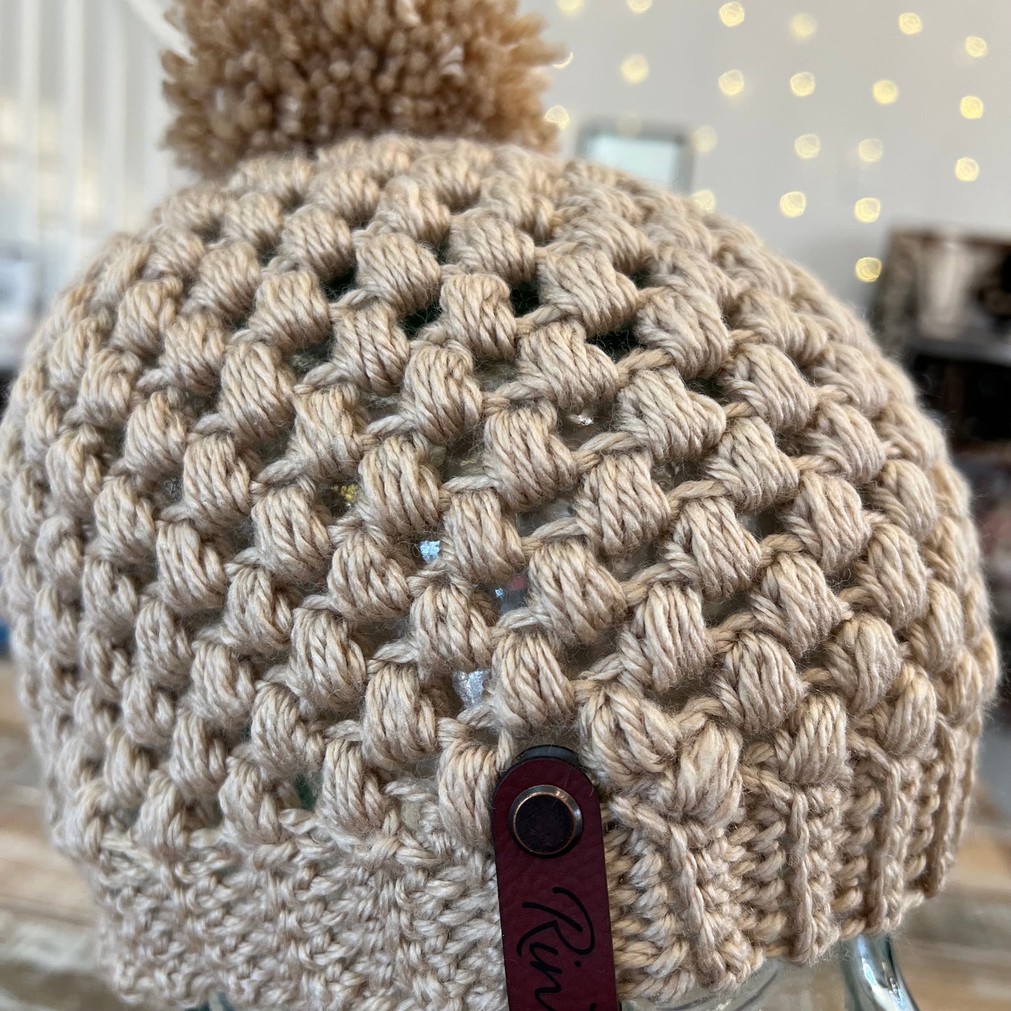 Natural color pom pom beanie