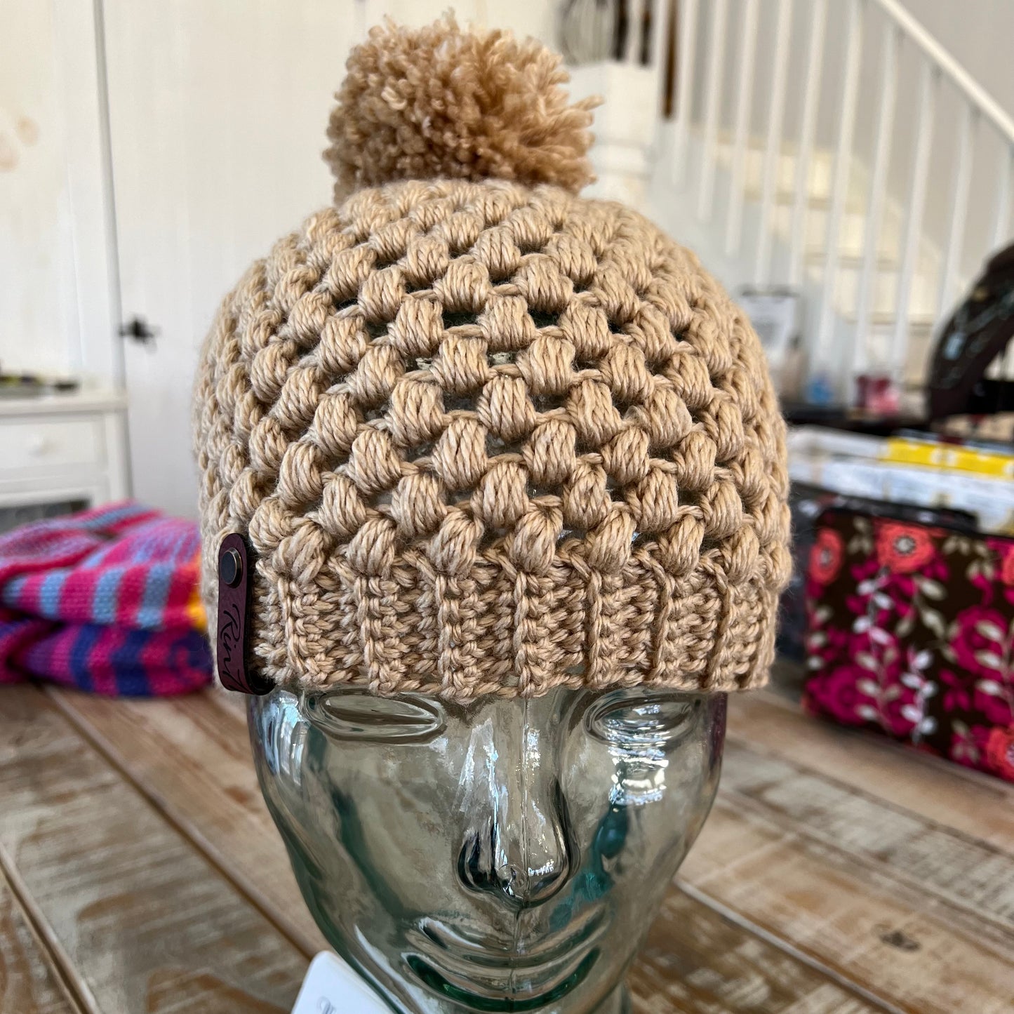 Natural color pom pom beanie