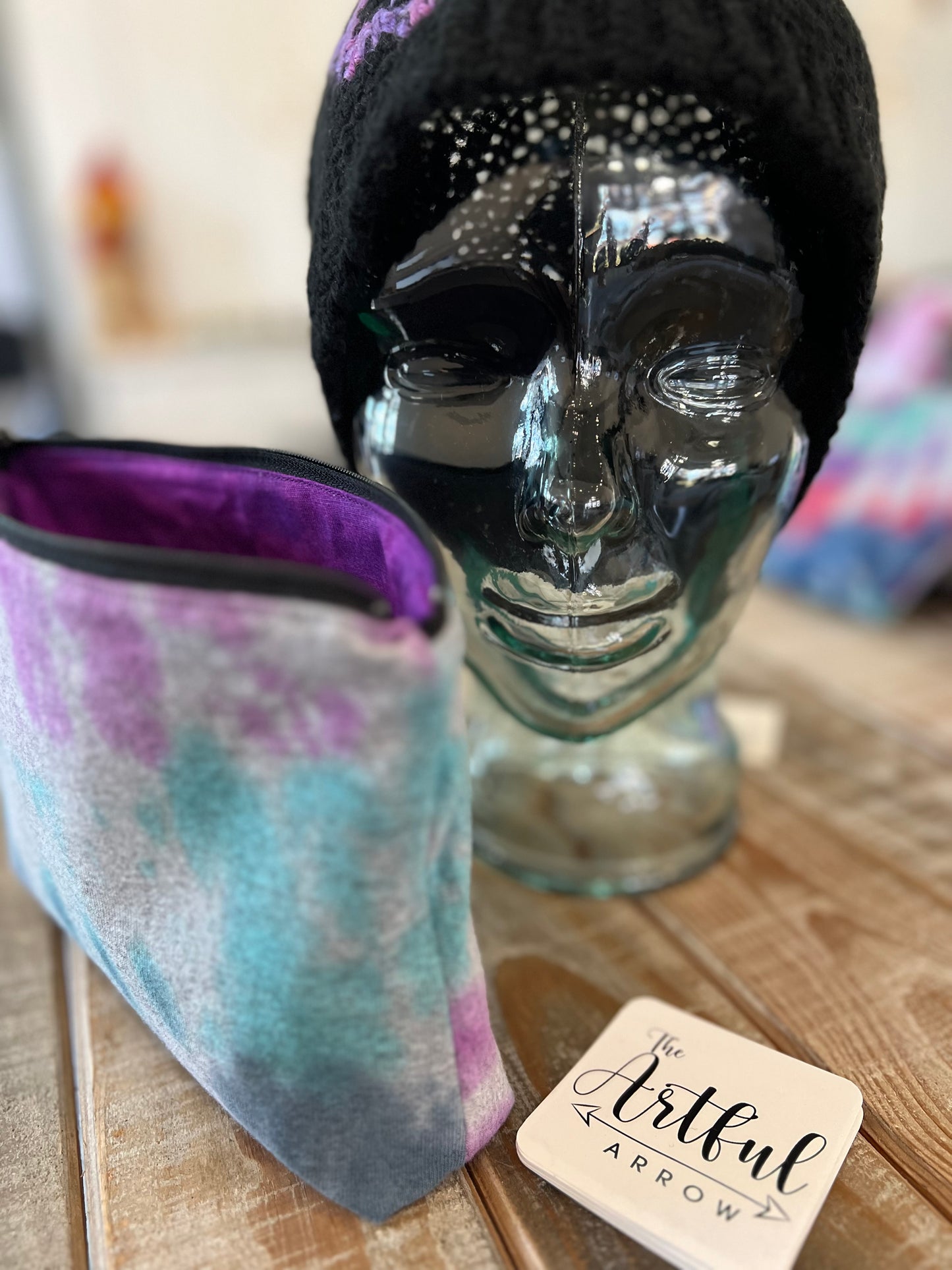 Upcycled Tie-dye pouch - Gray, blue, green, and purple
