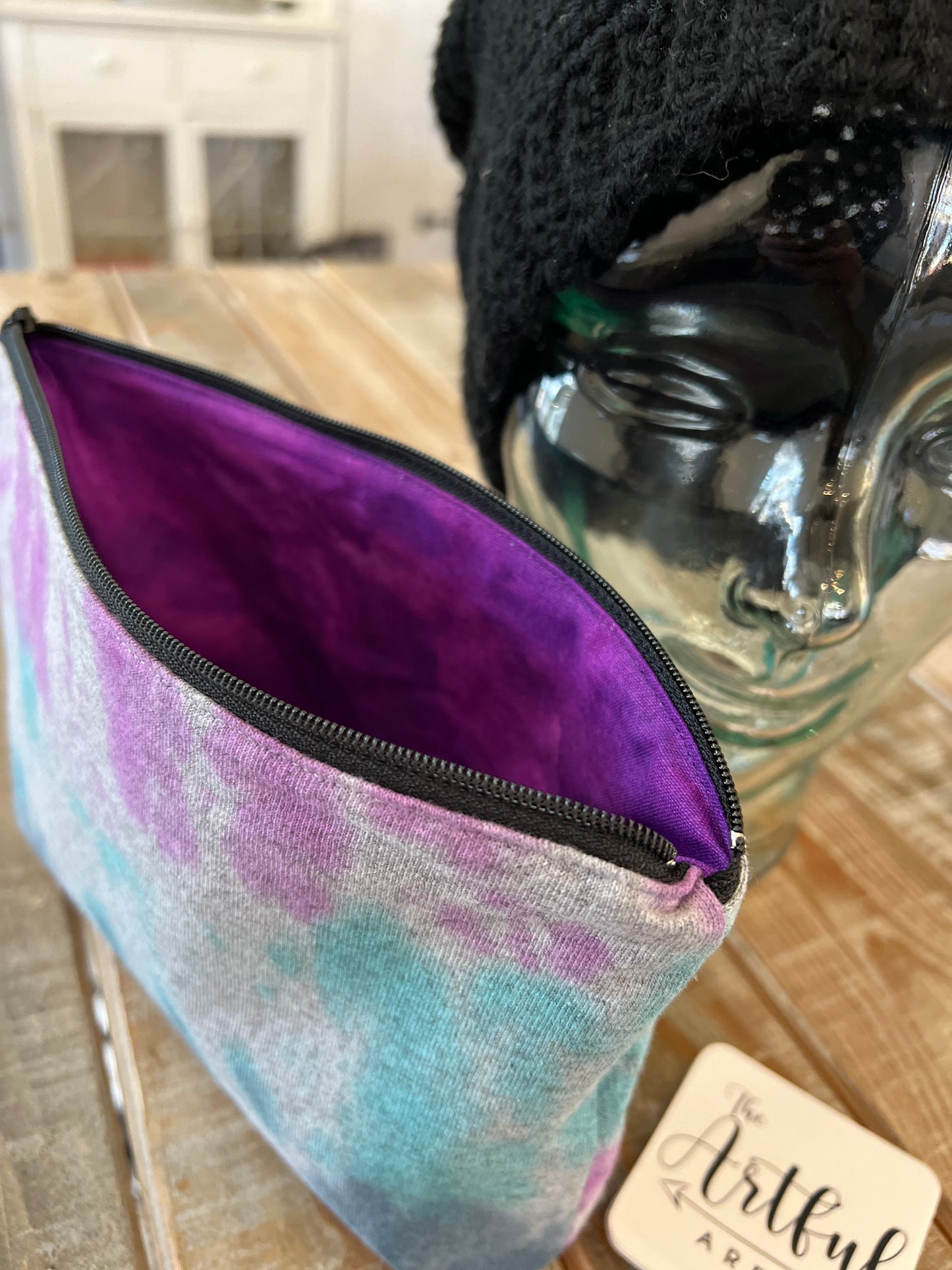 Upcycled Tie-dye pouch - Gray, blue, green, and purple