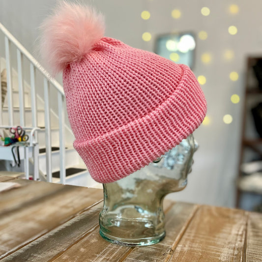 Pink Double Knit Hat with Pom Pom