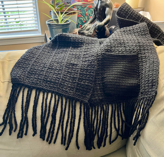 Custom Wide Commuter Scarf with fringe and pockets