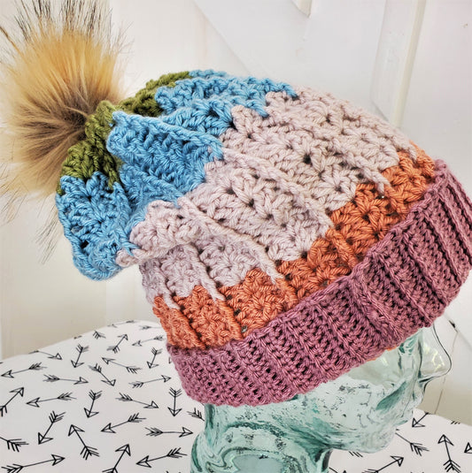 Pastel stripes large slouchy winter hat with Pom Pom