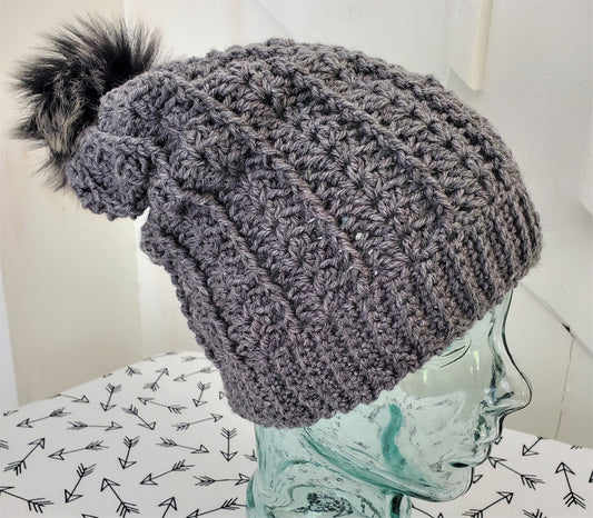 Charcoal slouchy winter hat with Pom Pom