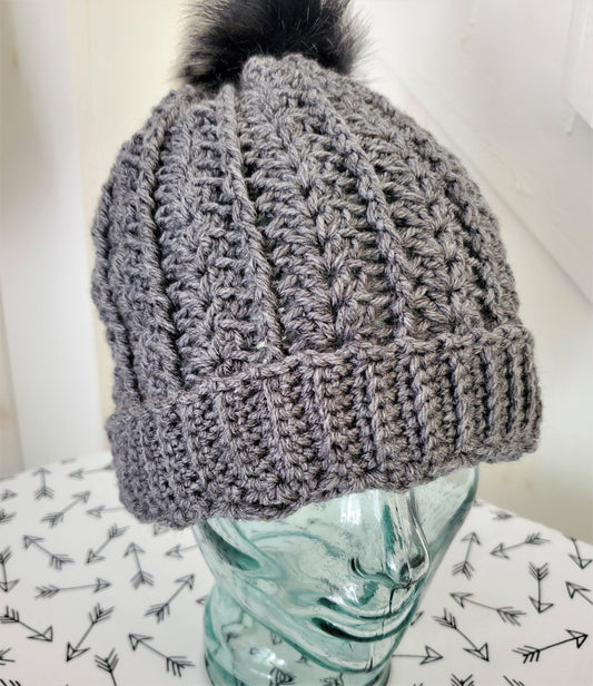 Charcoal slouchy winter hat with Pom Pom