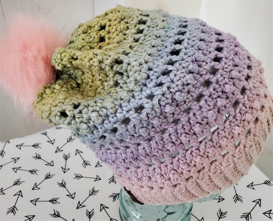 Pastel rainbow slouchy open stitch hat with pom pom