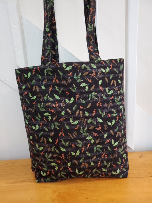 Holiday Holly and Music theme reversible totebag with green lining