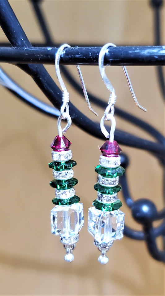 Sparkly crystal and sterling holiday theme - christmas tree earrings - handmade
