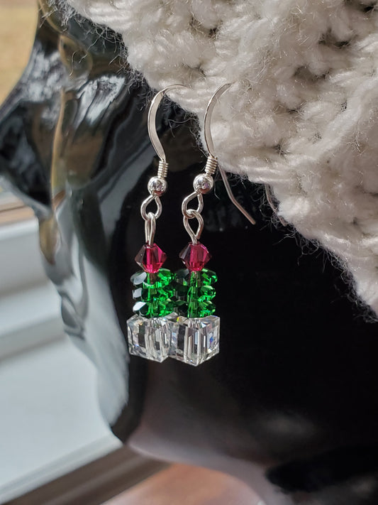 Sterling silver crystal Christmas tree-inspired earrings - handmade