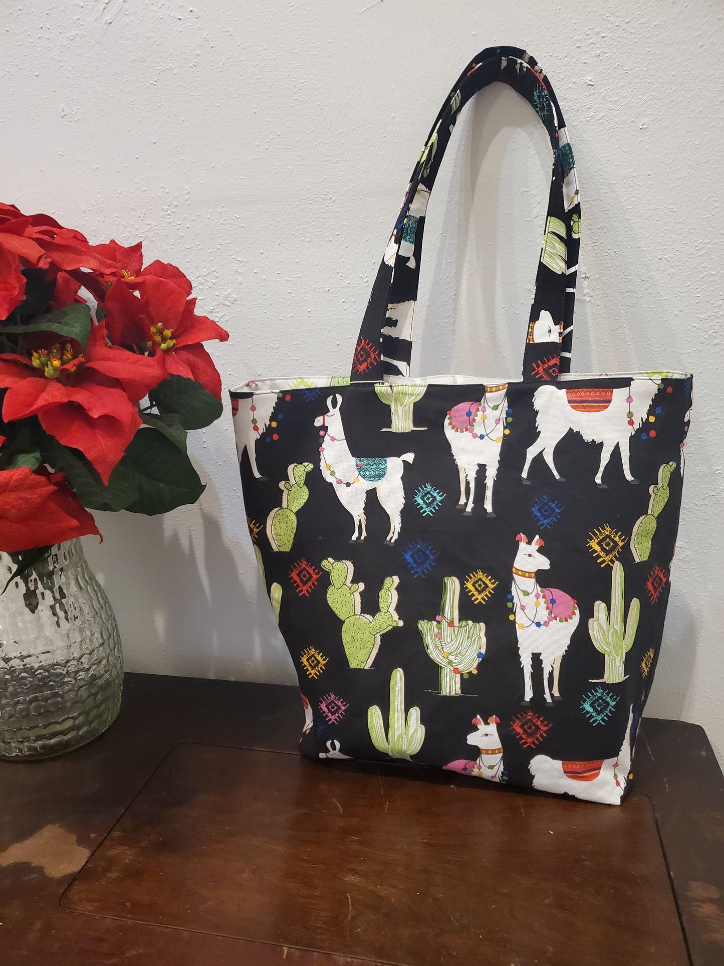 Llama print lined/reversible tote bag