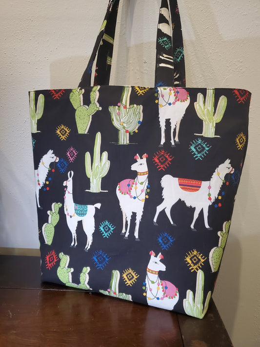 Llama print lined/reversible tote bag