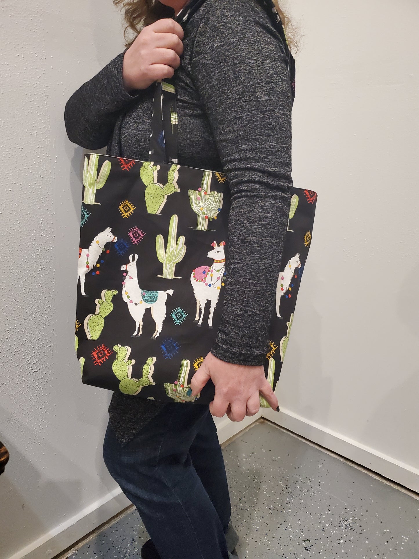 Llama print lined/reversible tote bag