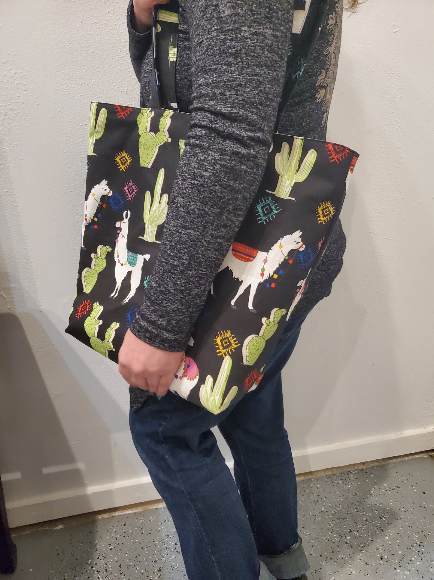 Llama print lined/reversible tote bag