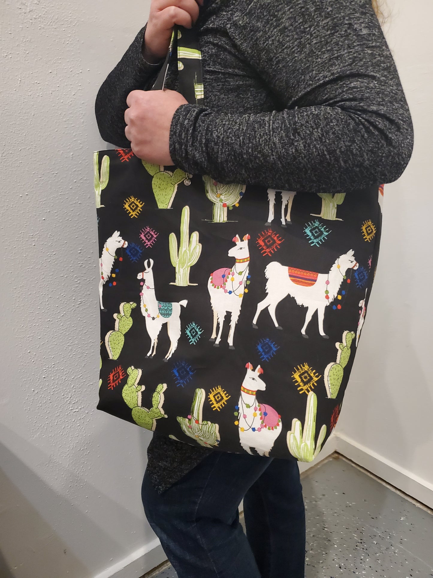 Llama print lined/reversible tote bag