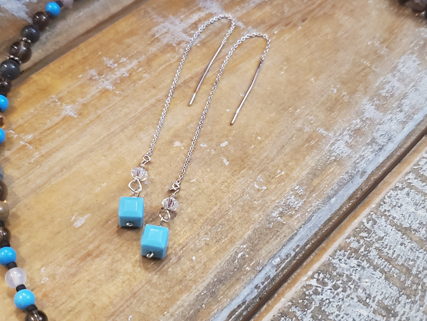 Sterling silver threader earrings with crystals - blue gemstone