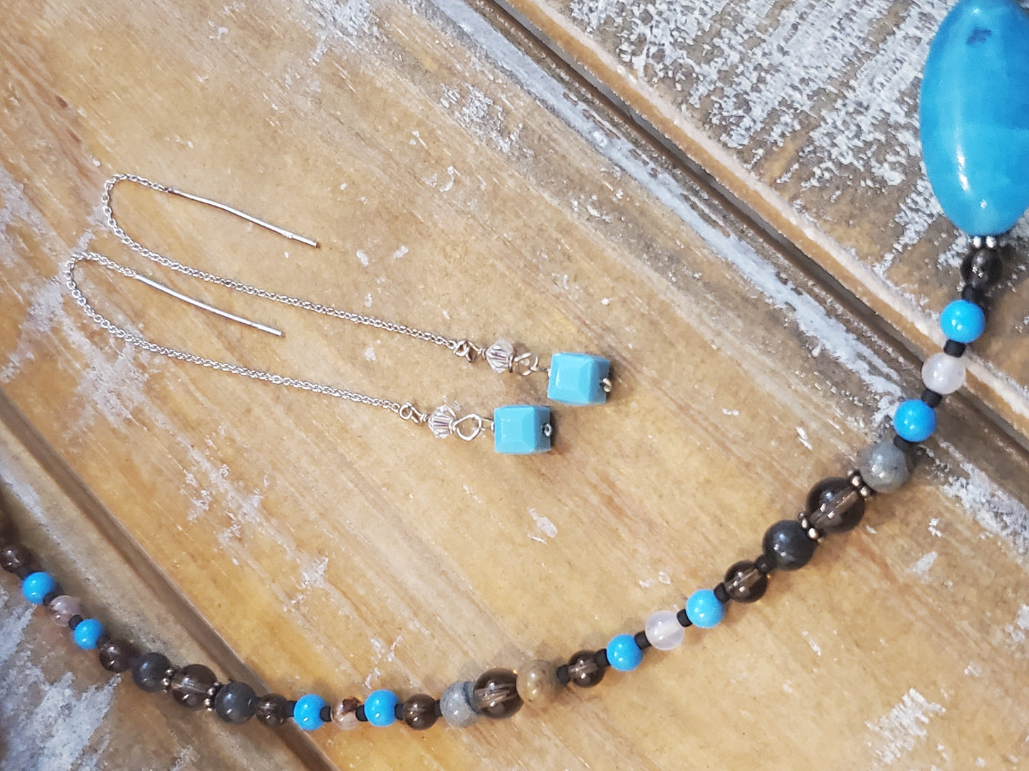Sterling silver threader earrings with crystals - blue gemstone