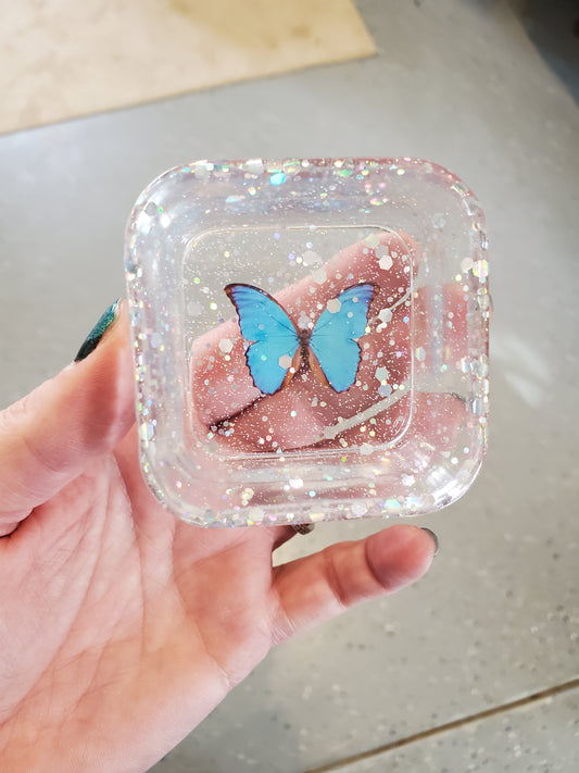 Resin trinket dish sparkle blue butterfly