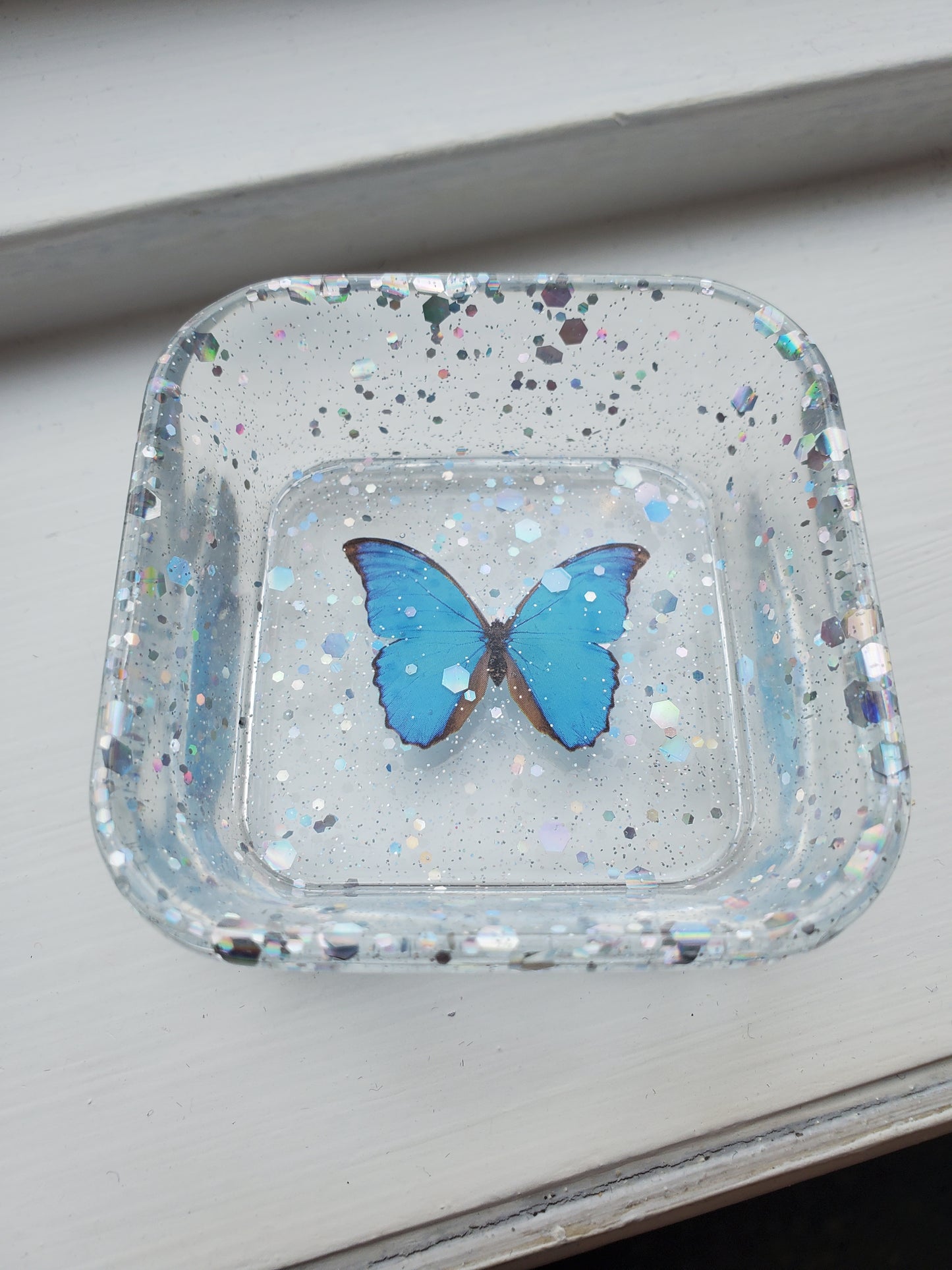 Resin trinket dish sparkle blue butterfly