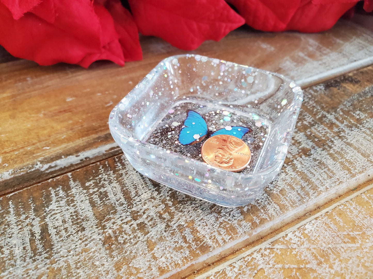 Resin trinket dish sparkle blue butterfly