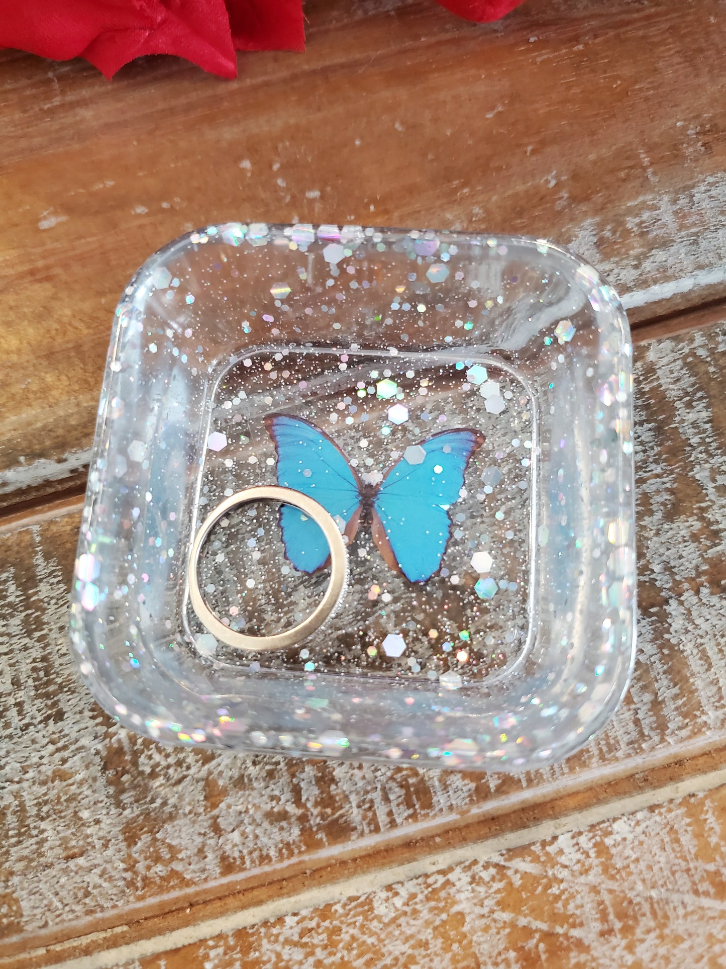 Resin trinket dish sparkle blue butterfly