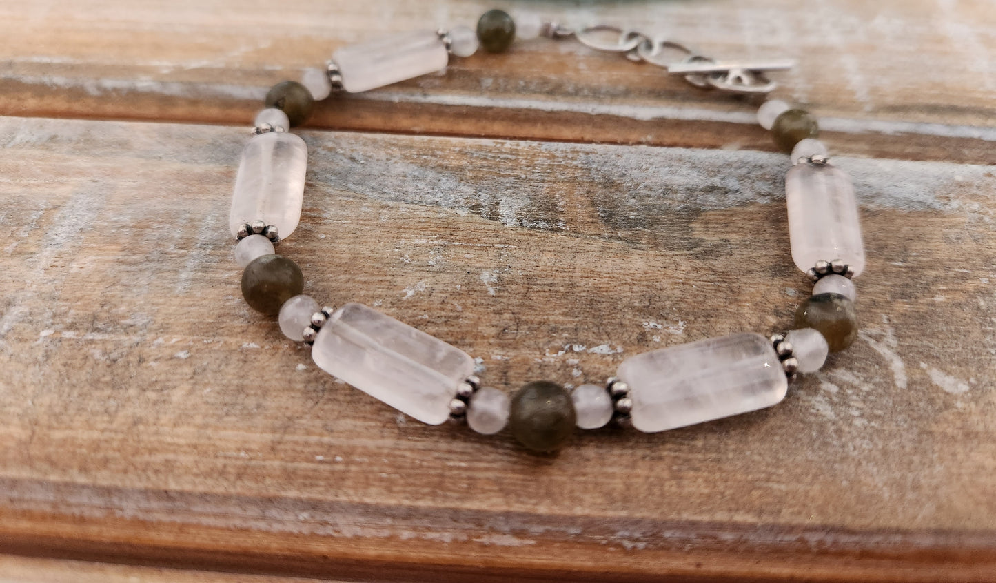 Rose Quartz, Moonstone, Silver bracelet